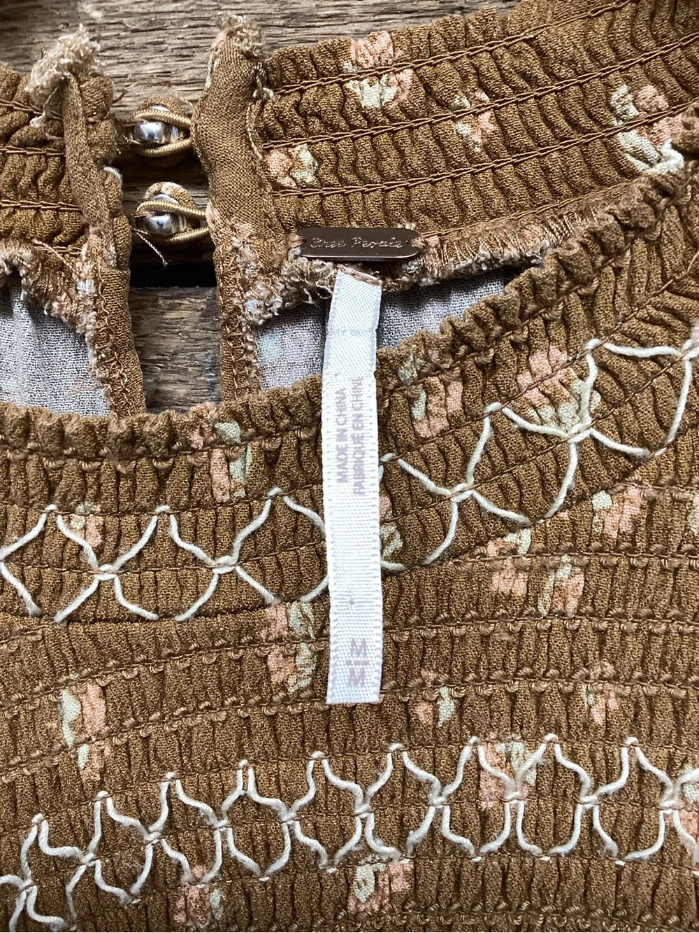 Free People Tan Floral Smocked Peasant Blouse